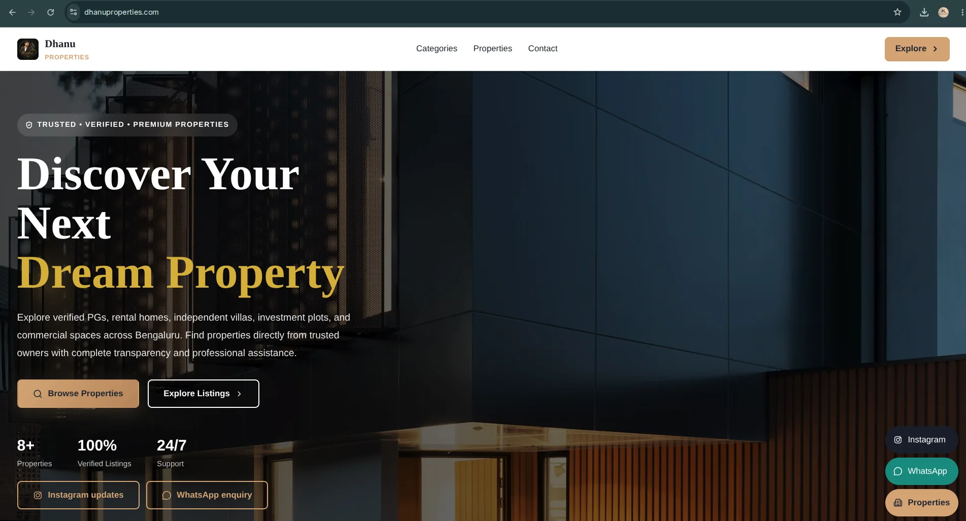 Dhanu Properties real estate platform homepage with property listings.